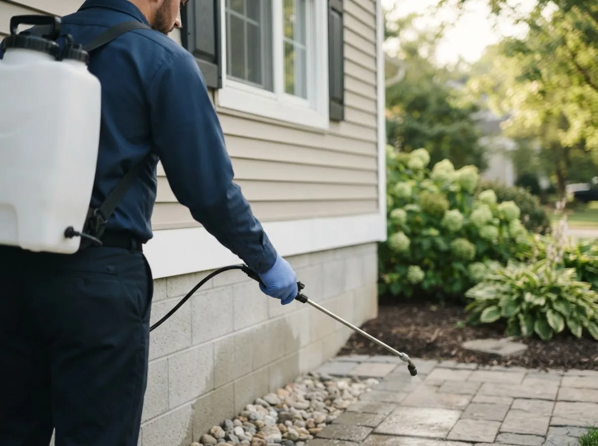 Pest control technician inspecting a home in Leeds, MA
